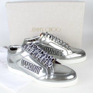 New JIMMY CHOO Miami Logo Metallic Leather Sneakers